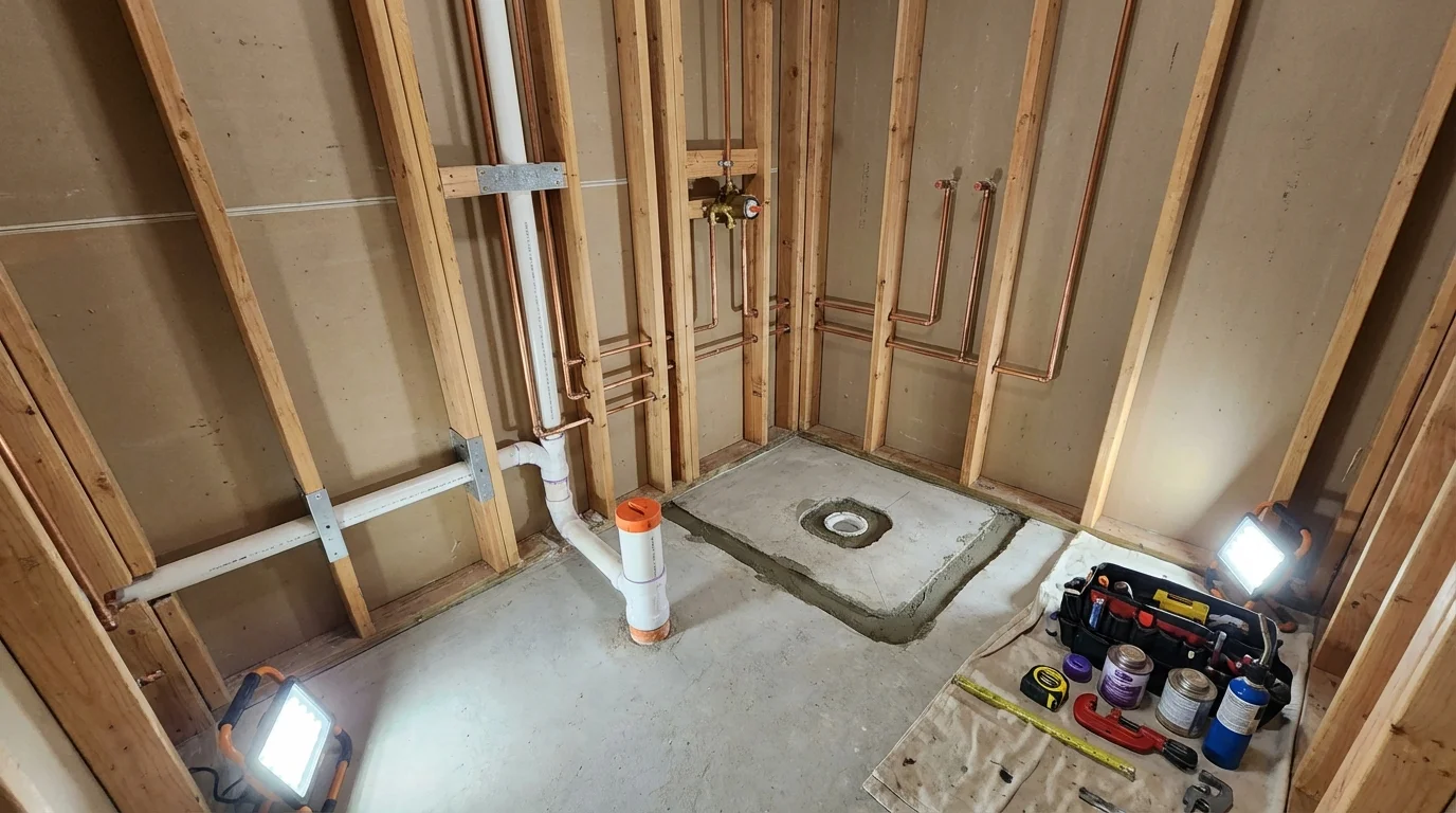 Bathroom rough-in plumbing during remodel by Johns Plumbing LLC in Palatine