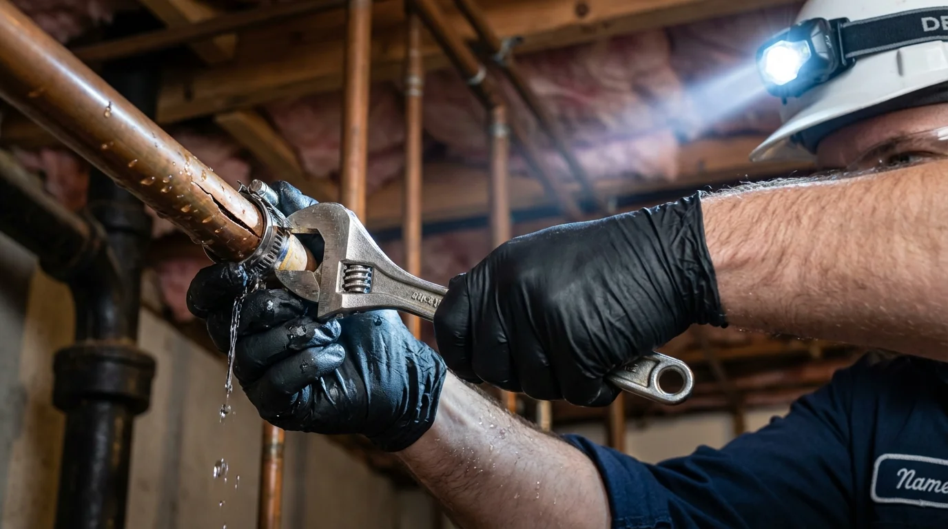 Emergency pipe clamp repair being performed by a Johns Plumbing LLC plumber in Palatine