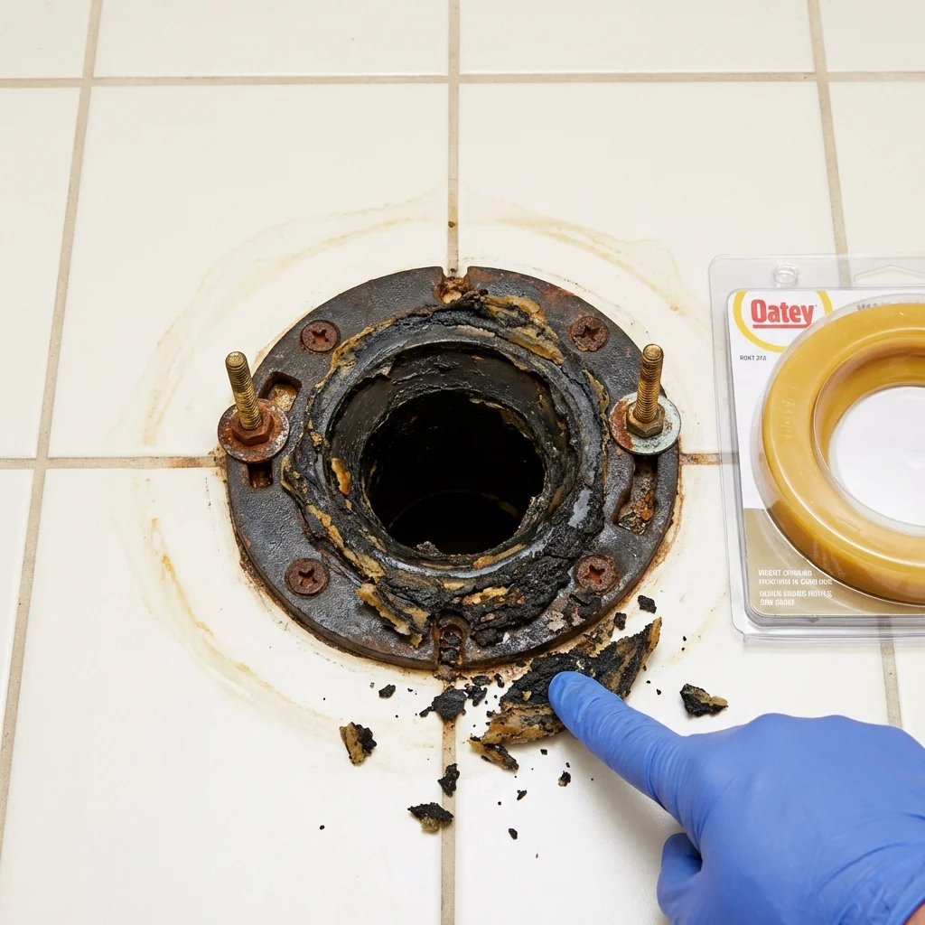 Failed wax ring showing water seepage at the base of a toilet in a Palatine, IL home
