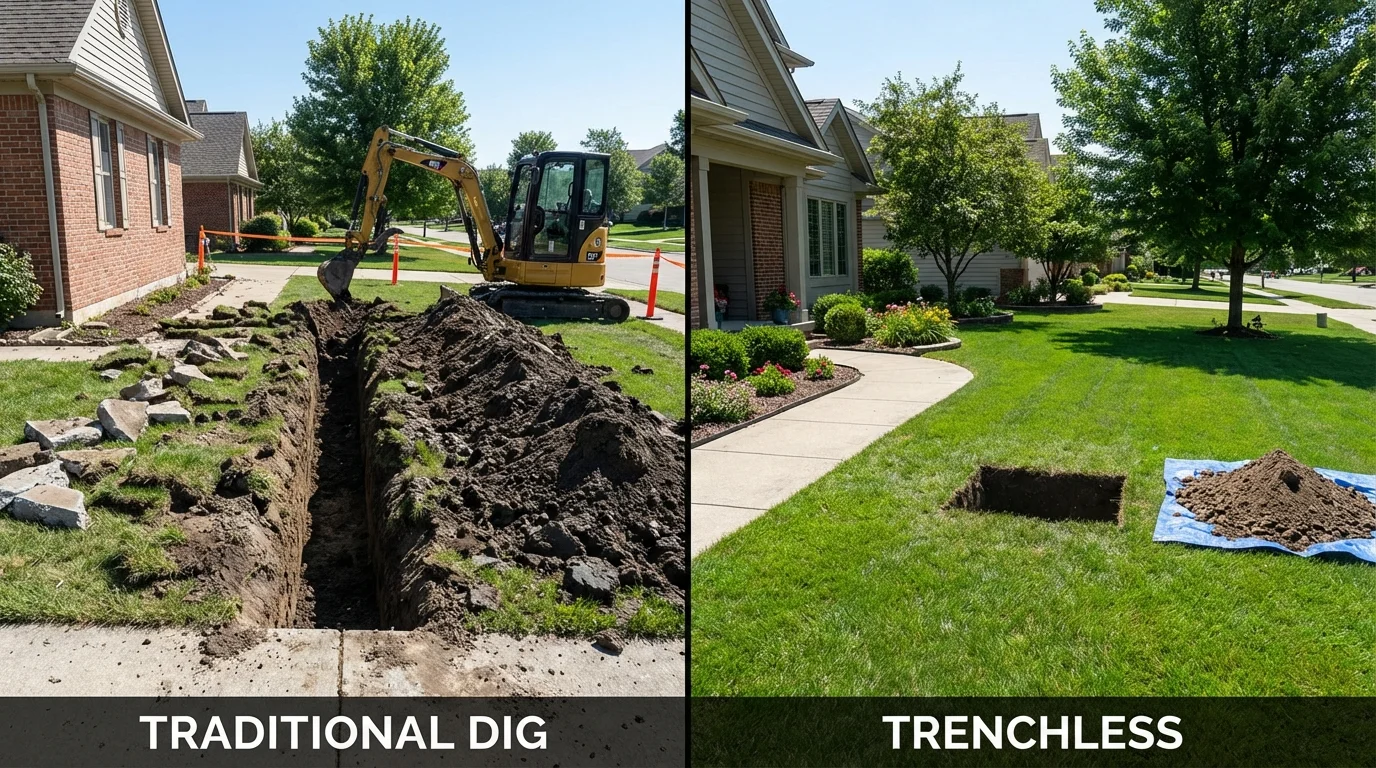 Trenchless sewer repair with minimal yard damage versus traditional excavation in Palatine, IL