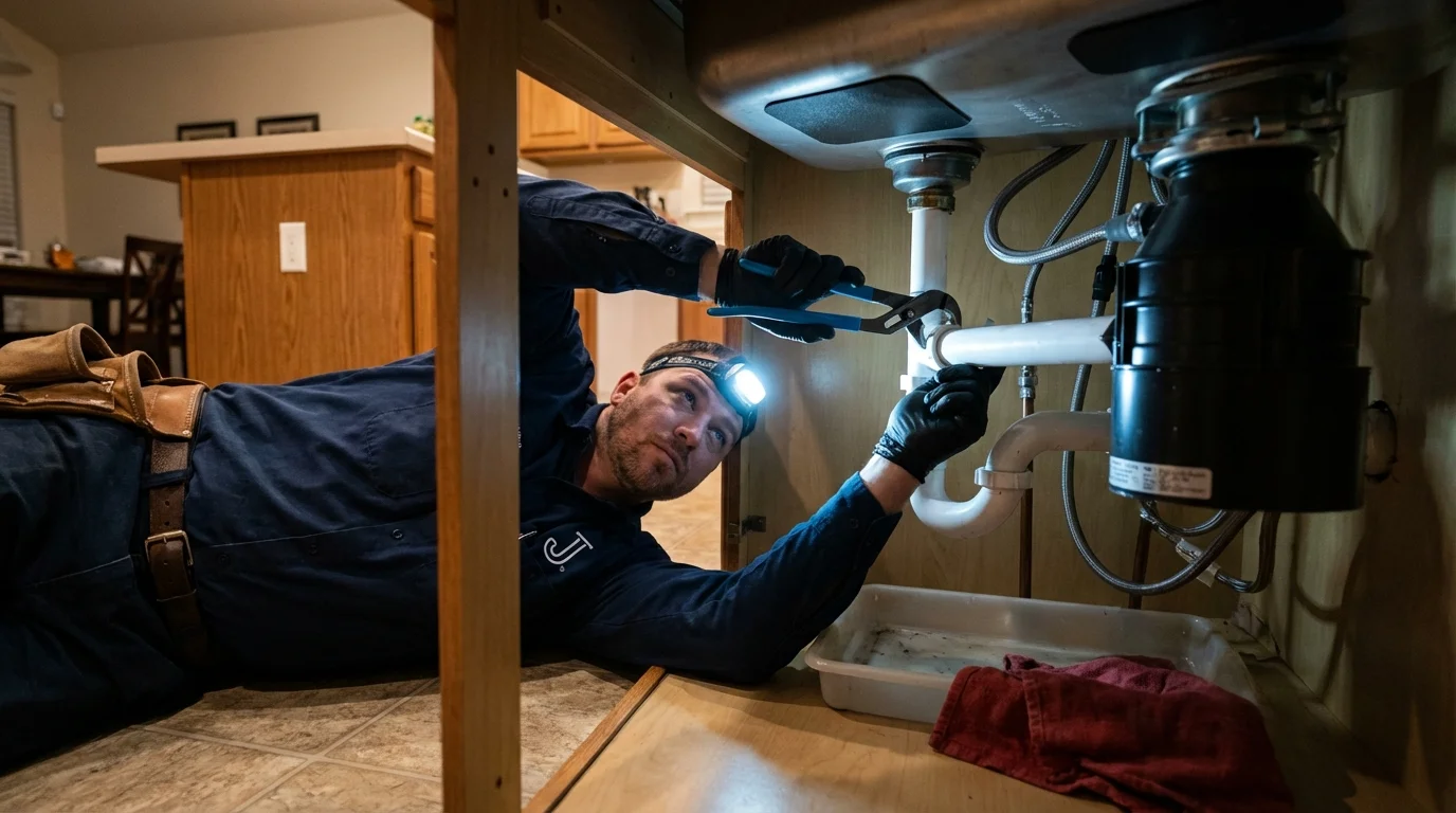 P-trap and supply line connections under a kitchen sink showing a common leak point in Palatine, IL